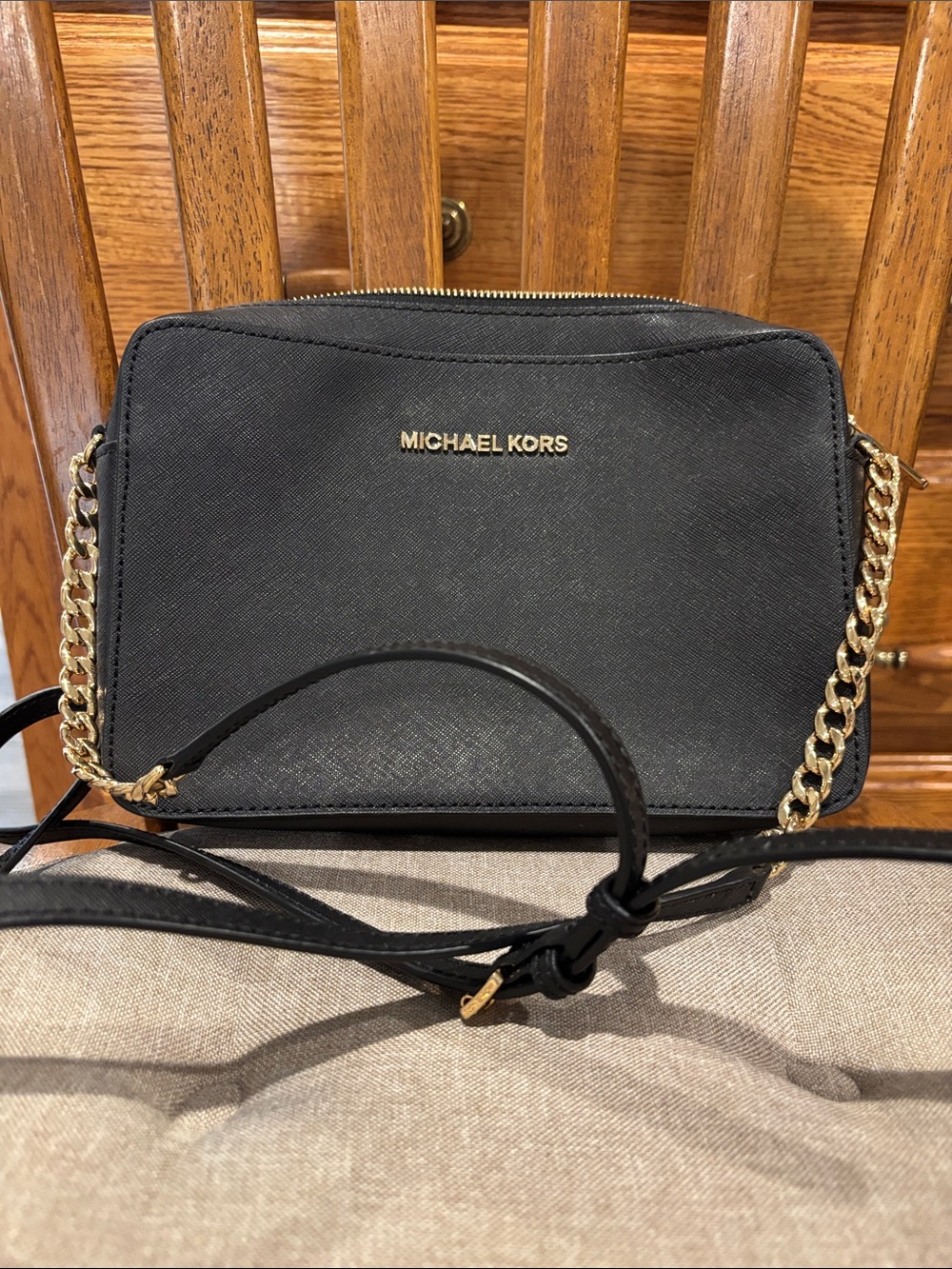 Michael Kors Black Saffiano Crossbody with Gold Chain